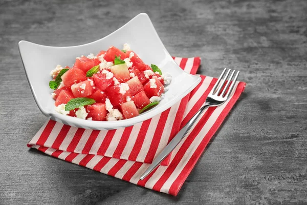 Bowl with delicious watermelon salad — Stock Photo, Image