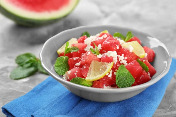 Bowl with delicious watermelon salad — Stock Photo, Image