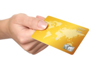 Kredi kartı tutan kadının el 