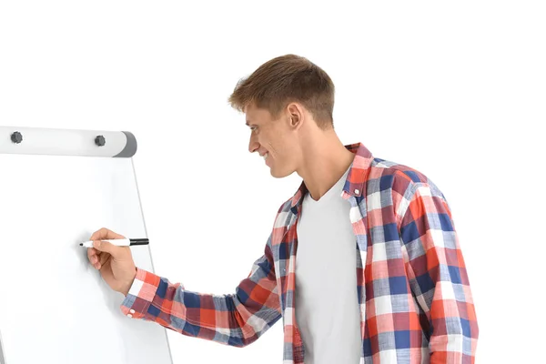 Business trainer giving presentation on whiteboard — Stock Photo, Image