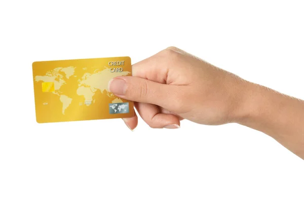 Frau hält Kreditkarte in der Hand — Stockfoto