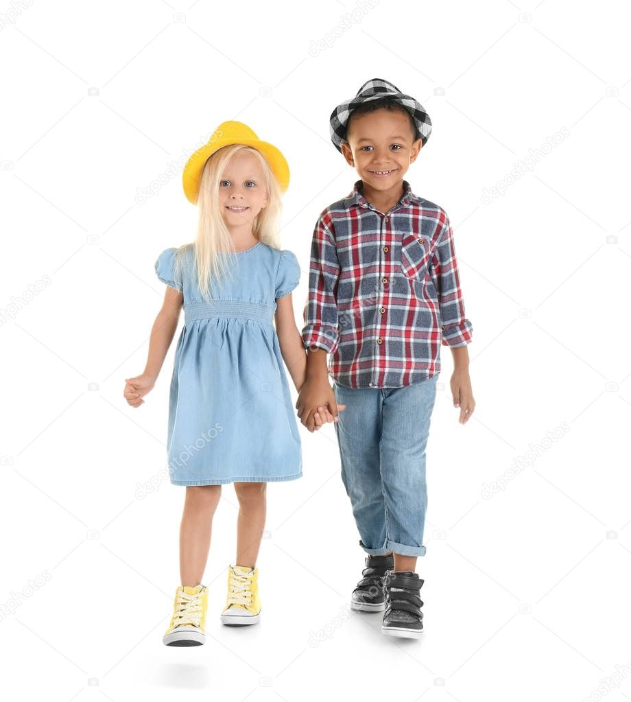 Cute fashionable children on white background