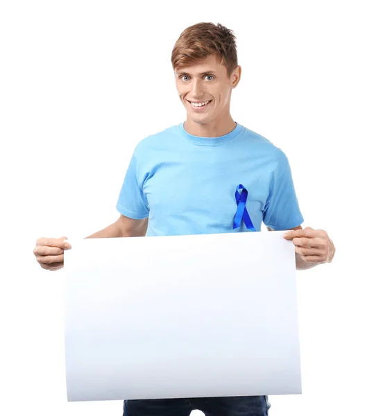 Jongeman Shirt Met Blauw Lint Bedrijf Leeg Banner Witte Achtergrond — Stockfoto