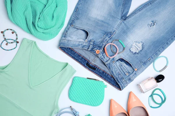 Composition with mint clothes and accessories — Stock Photo, Image