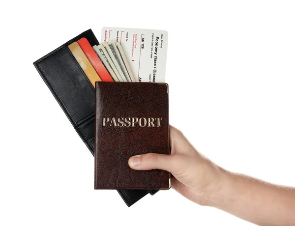 Female tourist holding passport, wallet and ticket — Stock Photo, Image