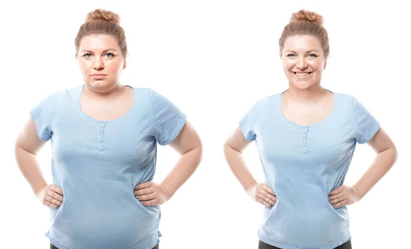 Young woman before and after weight loss on white background. Health care and diet concept — Stock Photo, Image