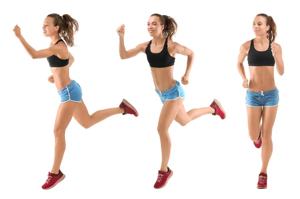 Collage con mujer corriendo sobre fondo blanco — Foto de Stock