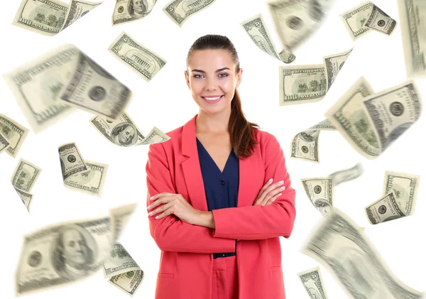 Giovane donna con soldi su sfondo bianco — Foto Stock