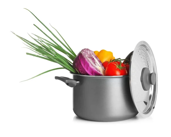 Steelpan met groenten op witte achtergrond — Stockfoto