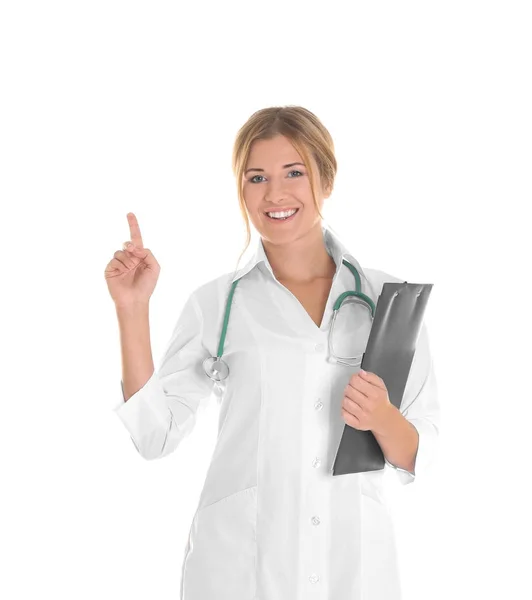 Doktor s schránky na bílém pozadí — Stock fotografie