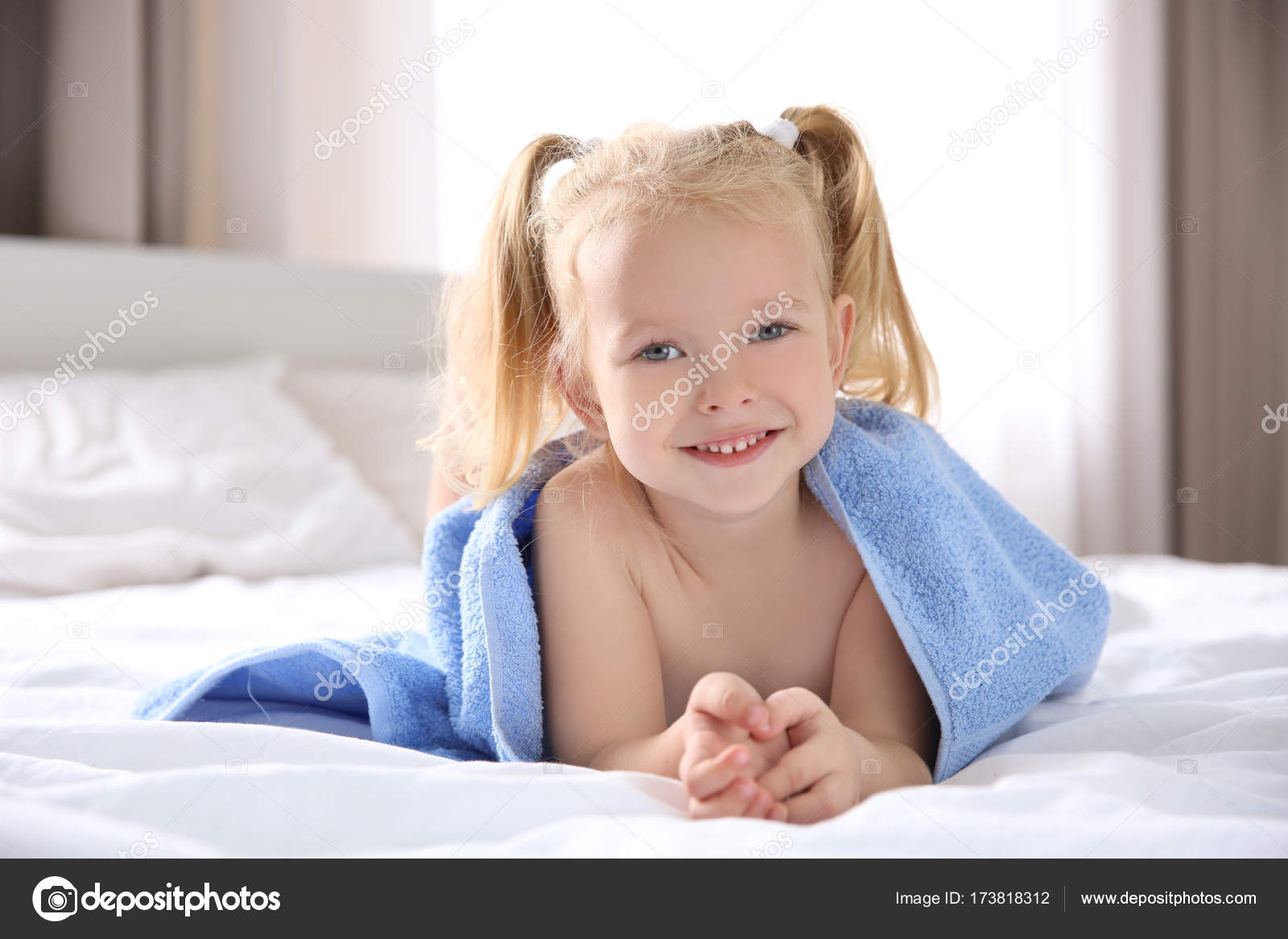 Cute Little Girl Towel Bed Home Stock Photo Image By C Belchonock