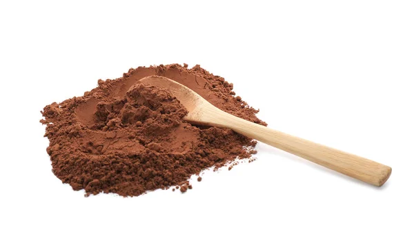 Łyżka z sterty zdrowe kakao w proszku — Zdjęcie stockowe