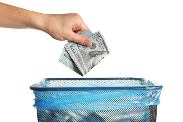 Woman throwing away dollars — Stock Photo, Image