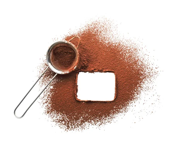 Sieve with frame made of healthy cocoa powder — Stock Photo, Image