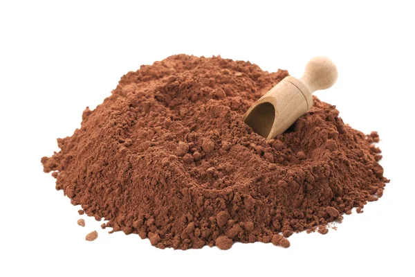 Drewniana Miarka z sterty zdrowe kakao w proszku — Zdjęcie stockowe