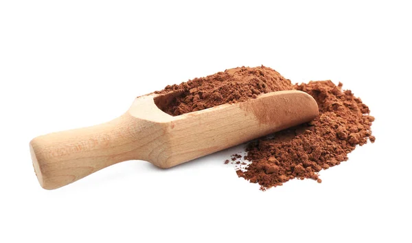 Drewniana Miarka z sterty zdrowe kakao w proszku — Zdjęcie stockowe