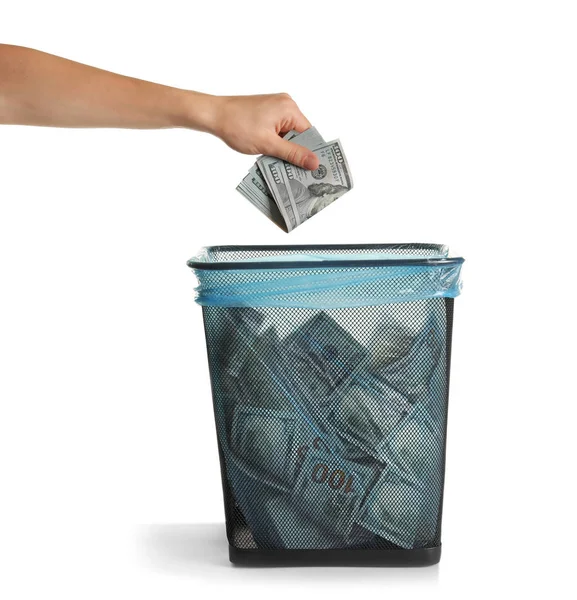 Woman throwing away dollars — Stock Photo, Image
