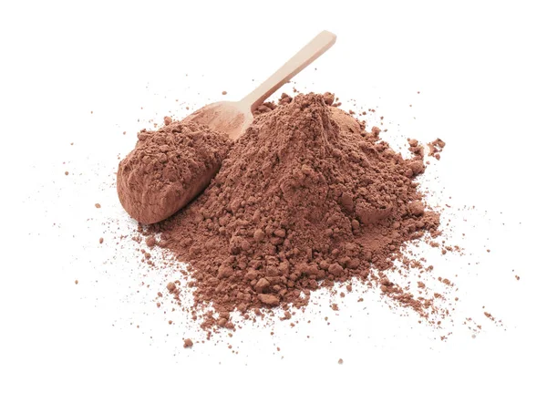 Scoop di legno con mucchio di cacao in polvere sano — Foto Stock