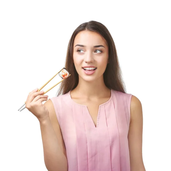 Wanita muda cantik dengan sushi roll — Stok Foto