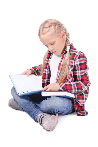 Gadis Kecil Lucu Dengan Buku Buku Latar Belakang Putih — Stok Foto