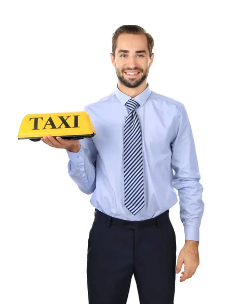 Красивый мужчина с фонариком на крыше такси — стоковое фото