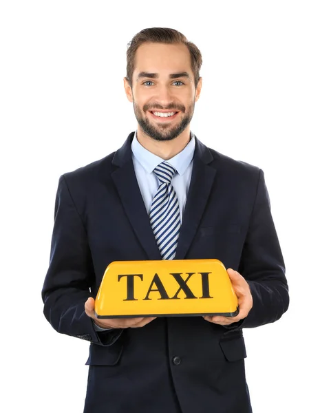 Красивый мужчина с фонариком на крыше такси — стоковое фото