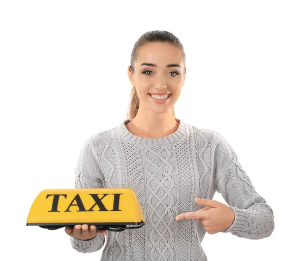 Gyönyörű nő könnyű taxi tetővel — Stock Fotó