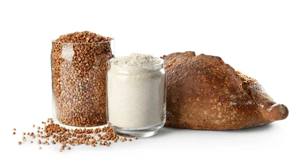 Farinha de trigo mourisco e pão fresco — Fotografia de Stock