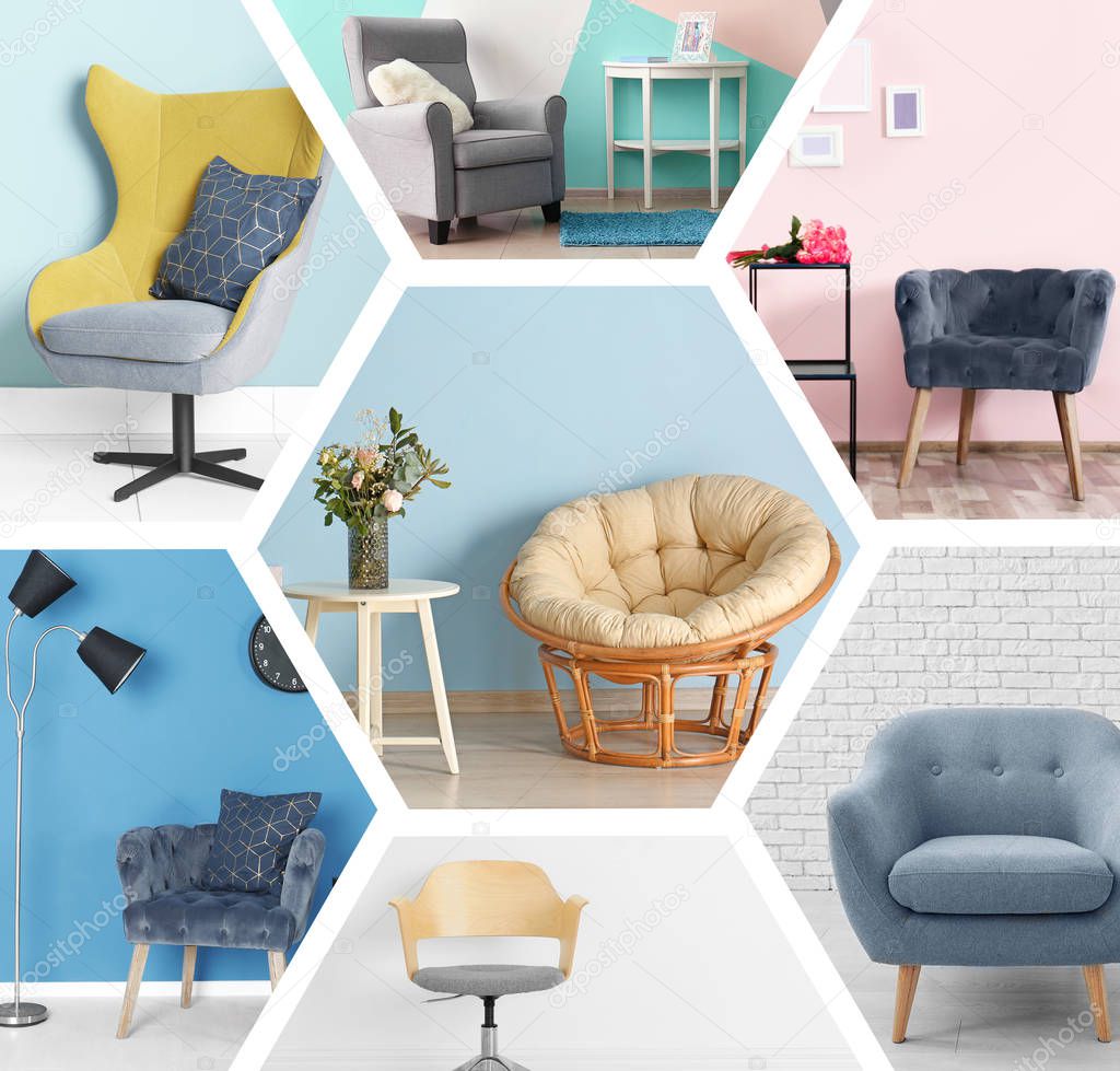Collage with different armchairs 