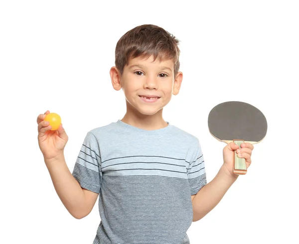 Cute little boy with tennis racket and ball on white background — Stock Photo, Image