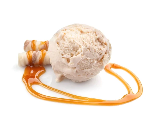 Ice cream ball with wafer sticks and caramel sauce — Stock Photo, Image