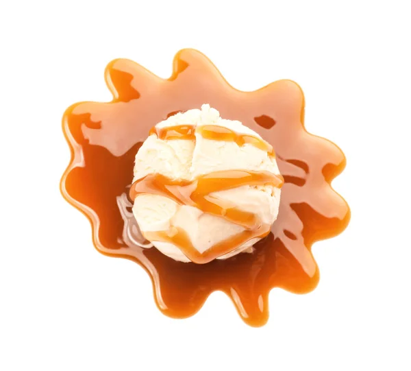 Ice cream ball with caramel sauce — Stock Photo, Image
