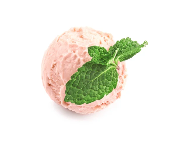 Caramel ice cream ball decorated with mint leaves — Stock Photo, Image