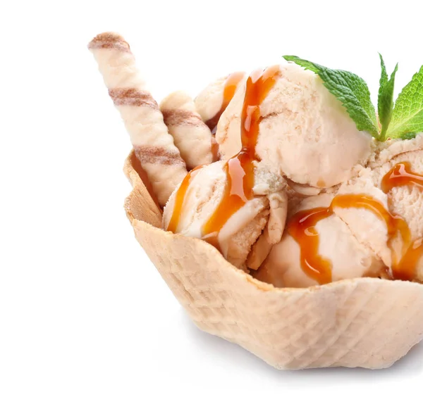 Waffle bowl with caramel ice cream — Stock Photo, Image