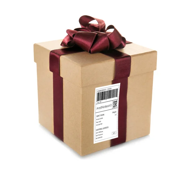 Caixa de presente do pacote com código de rastreamento — Fotografia de Stock