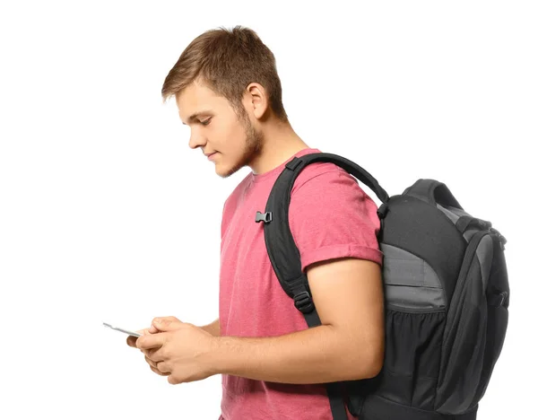 Teenager boy with mobile phone on white background — Stock Photo, Image