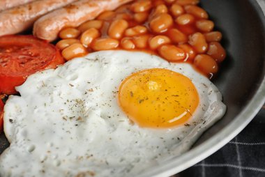 Tavada yumurta ve fasulye ile