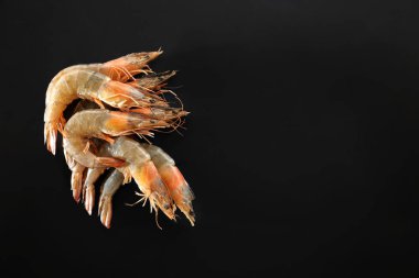 Siyah arka planda taze karidesler