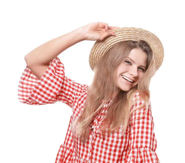 Giovane bella donna su sfondo bianco — Foto Stock