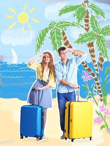 Coppia giovane con bagaglio e paesaggio disegnato su sfondo — Foto Stock