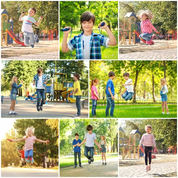 Collage van kinderen met Springkoorden buitenshuis — Stockfoto