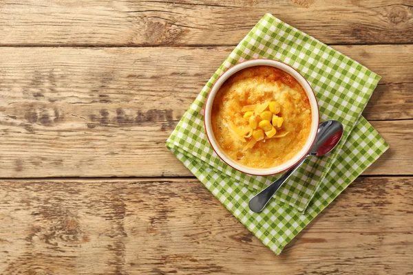 Ramekin with corn pudding on table — Stock Photo, Image