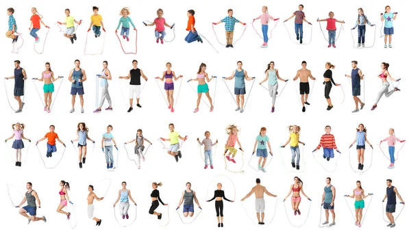 Collage of people with jumping ropes on white background — Stock Photo, Image