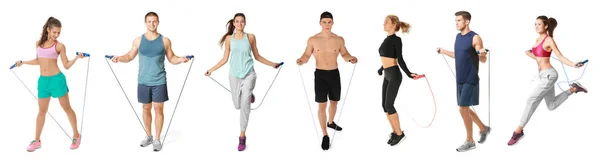 Collage of people with jumping ropes on white background — Stock Photo, Image