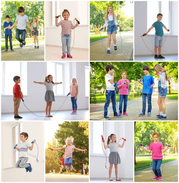 Collage van kinderen met Springkoorden — Stockfoto