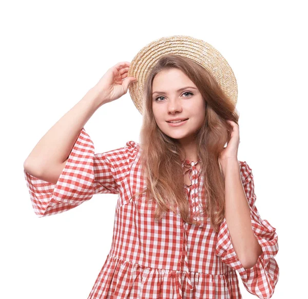 Giovane bella donna su sfondo bianco — Foto Stock