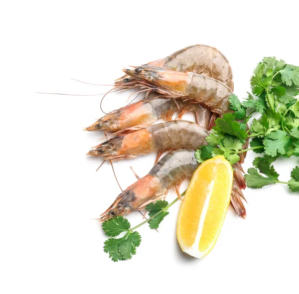 Crevettes fraîches avec tranche de citron — Photo