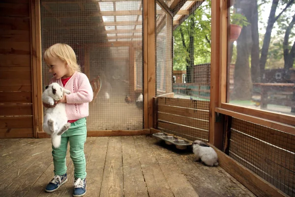 Cute Little Girl Funny Rabbit Petting Zoo — Stock Photo, Image