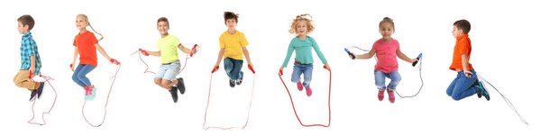 Collage of children with jumping ropes on white background