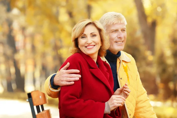 Idős házaspár ült a padon őszi parkban — Stock Fotó